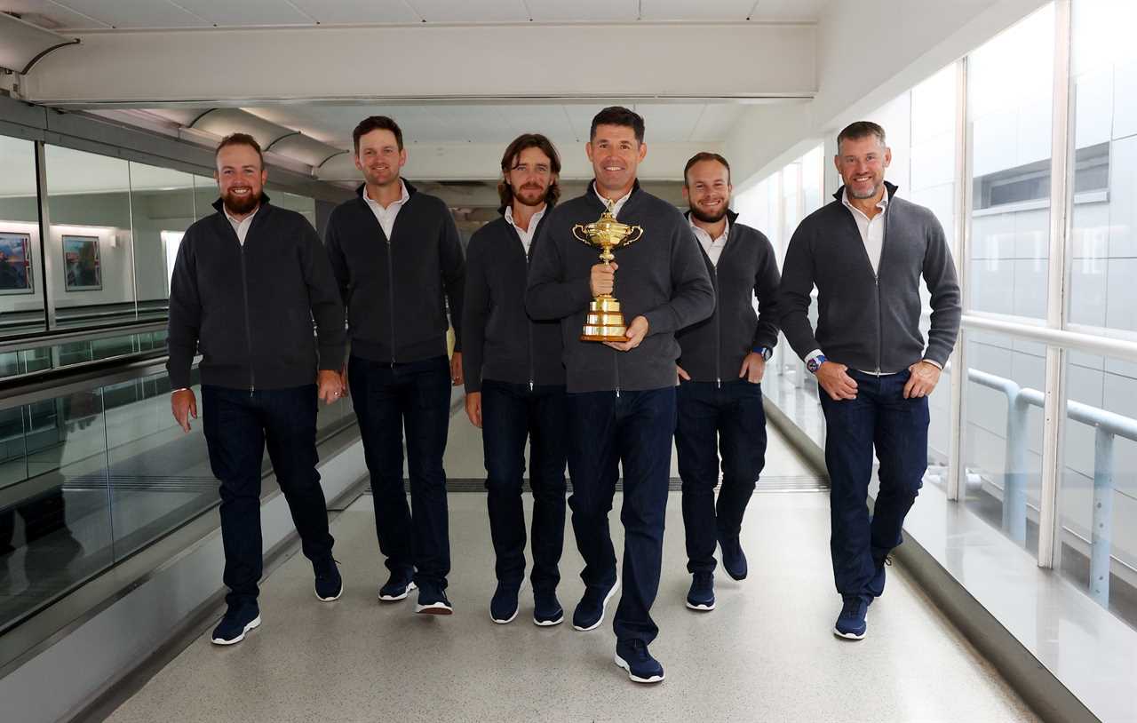 Europe's Ryder Cup team boards flight to the USA in matching outfits, as Westwood and Co prepare to battle this weekend