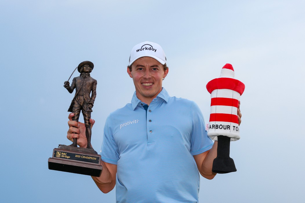 HILTON HEAD ISLAND, SOUTH CAROLINA - APRIL 16: Matt Fitzpatrick of England celebrates with the trophy after winning in a 3-hole playoff during the final round of the RBC Heritage at Harbour Town Golf Links on April 16, 2023 in Hilton Head Island, South Carolina. (Photo by Andrew Redington/Getty Images)