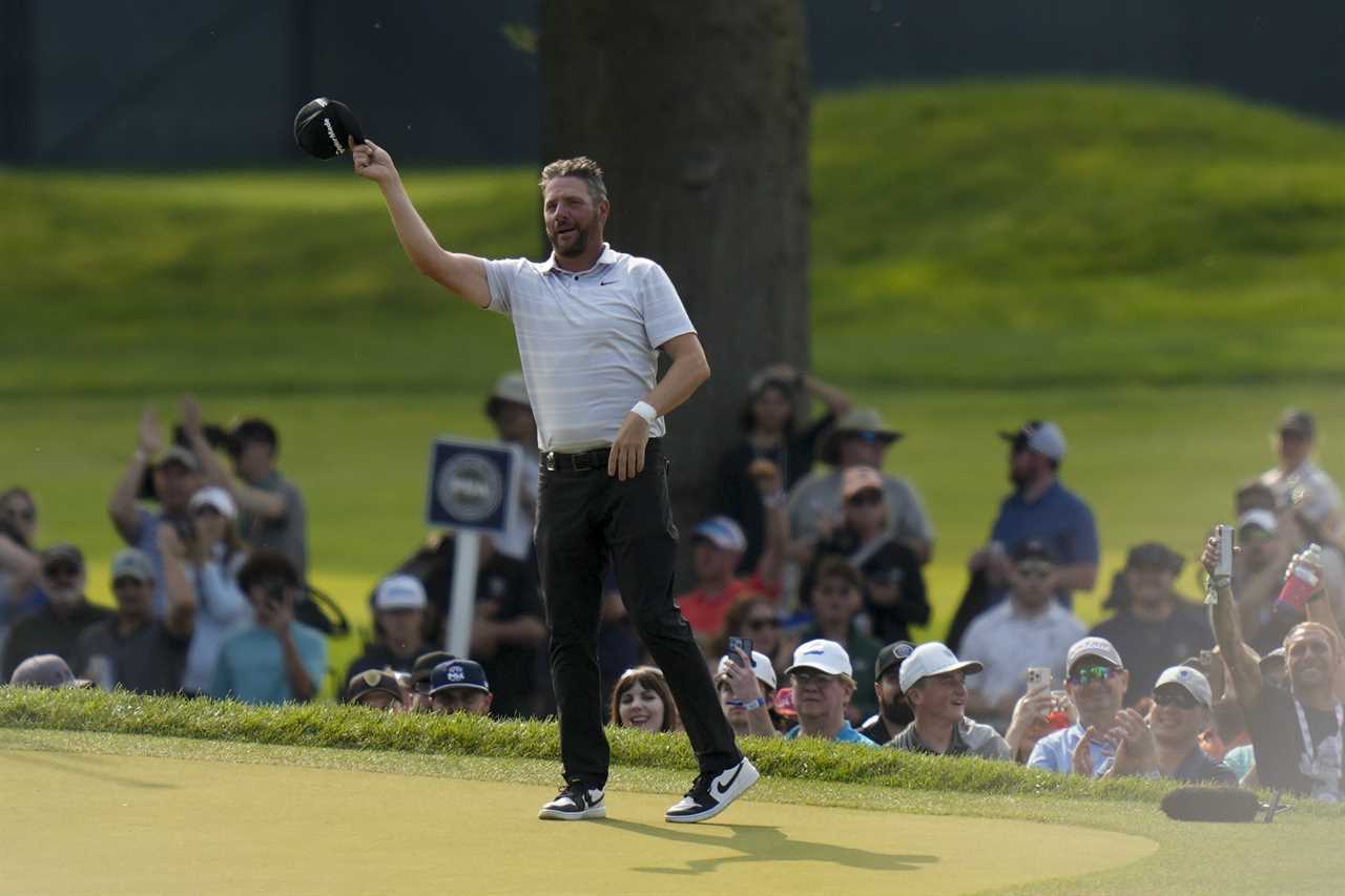 Michael Block celebrates after his hole-in-one on the 15th hole during the final round of the PGA Championship golf tournament at Oak Hill Country Club on Sunday, May 21, 2023, in Pittsford, N.Y. (AP Photo/Abbie Parr)
