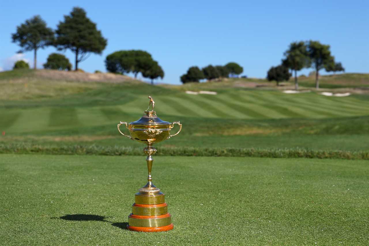 ROME, ITALY - OCTOBER 03: The Ryder Cup trophy is seen on the 1st hole during the Ryder Cup 2023 Year to Go Media Event at Marco Simone Golf Club on October 03, 2022 in Rome, . (Photo by Andrew Redington/Getty Images)