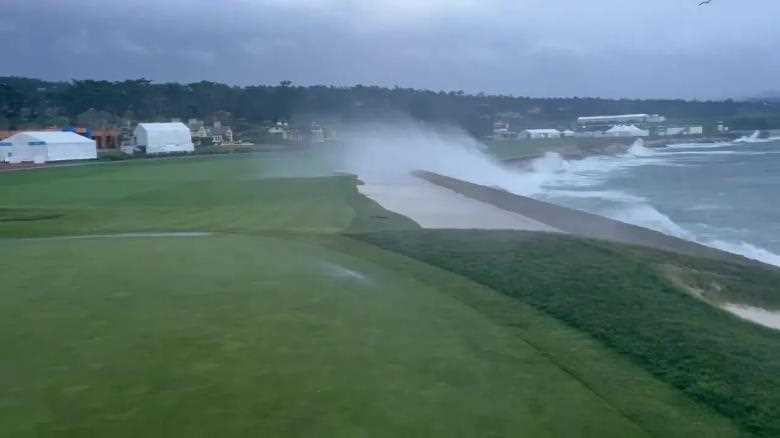 Video shows massive waves flooding the golf course in Pebble Beach, California as the final round of Pro-Am has been POSTPONED