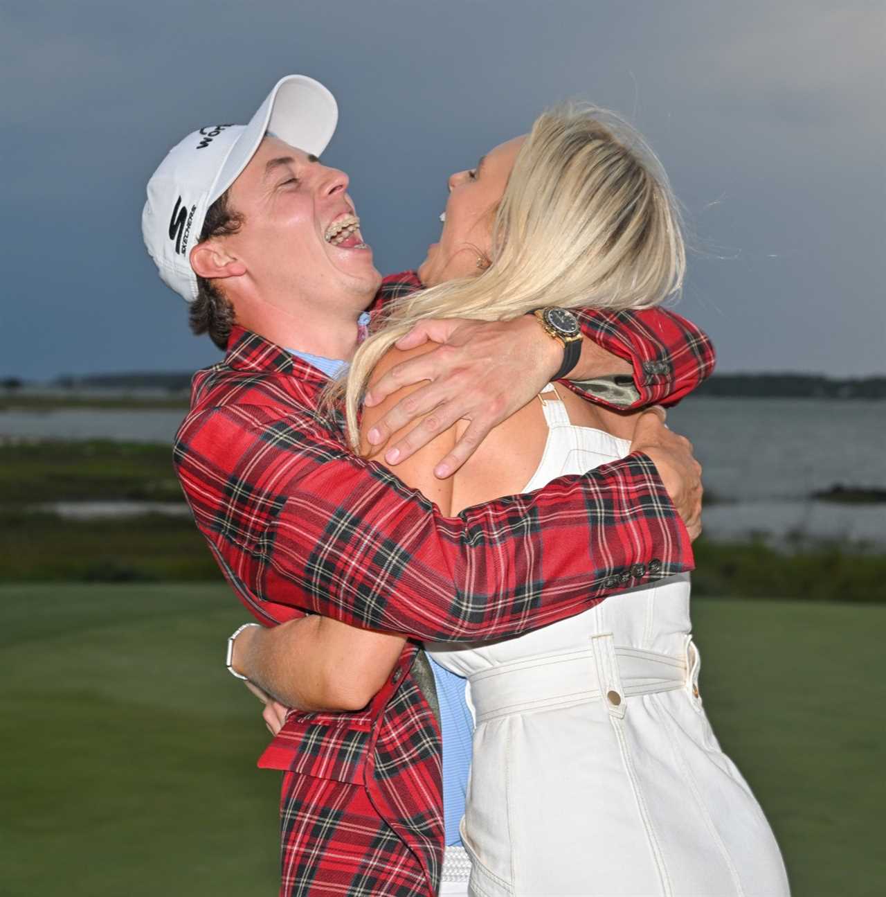 HILTON HEAD ISLAND, SOUTH CAROLINA - APRIL 16: Matthew Fitzpatrick of England hugs his girlfriend, Katherine Gaal, after the final round of the RBC Heritage at Harbour Town Golf Links on April 16, 2023 in Hilton Head Island, South Carolina. (Photo by Ben Jared/PGA TOUR via Getty Images)