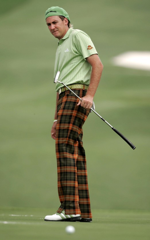 Great Britain's Ian Poulter watches his putt on the 10th green during a practice round for the 2005 Masters tournament, at Augusta National Golf Club in Augusta, Georgia April 6, 2005. The tournament begins on April 7. REUTERS/Mike Blake.