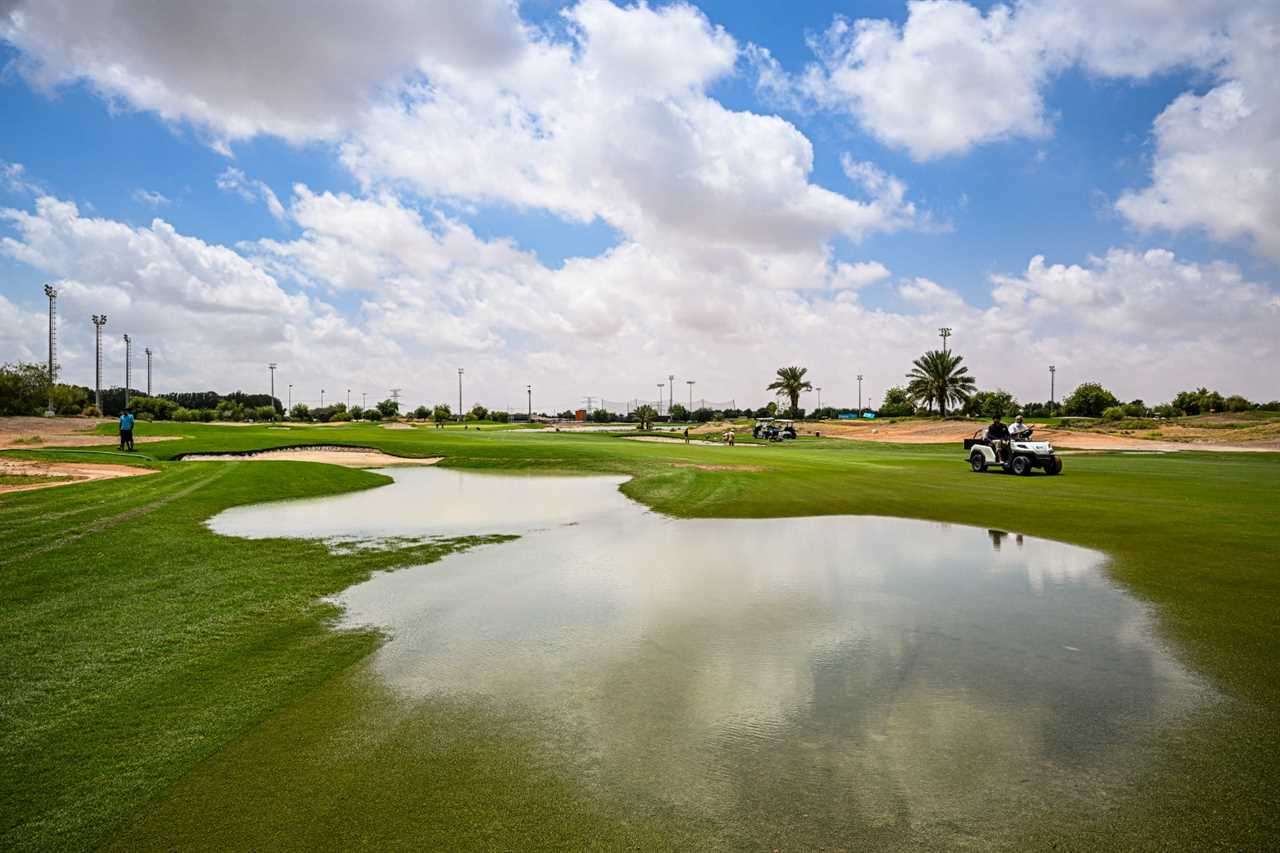 ABU DHABI, UNITED ARAB EMIRATES - APRIL 17: A view of the flooded area on the course is seen prior to the Abu Dhabi Challenge at Al Ain Equestrian, Shooting and Golf Club on April 17, 2024 in Abu Dhabi, United Arab Emirates. (Photo by Octavio Passos/Getty Images)