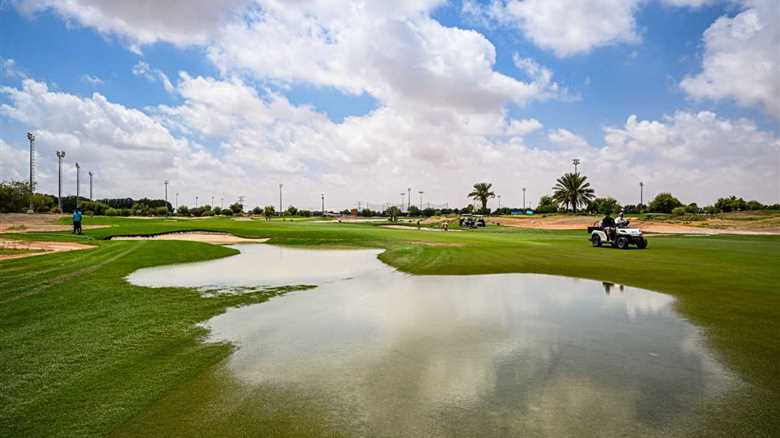 Amazing photos show a top golf course with bunkers submerged in water, just one day before a professional tour event