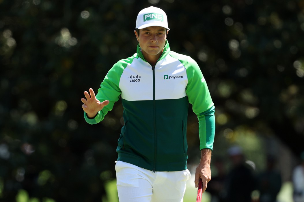 AUGUSTA, GEORGIA - APRIL 09: Viktor Hovland of Norway reacts on the first green during the final round of the 2023 Masters Tournament at Augusta National Golf Club on April 09, 2023 in Augusta, Georgia. (Photo by Patrick Smith/Getty Images)