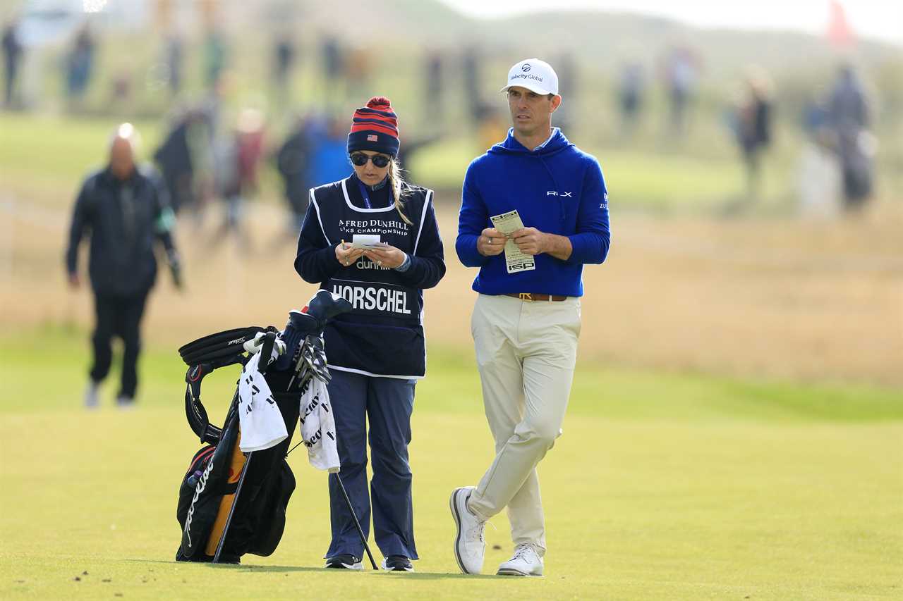 ST ANDREWS, SCOTLAND - SEPTEMBER 29: Billy Horschel of The United States prepares to play his second shot on the third hole with his wife Brittany Horschel as his caddie on Day One of the Alfred Dunhill Links Championship on the Old Course St. Andrews on September 29, 2022 in St Andrews, Scotland. (Photo by David Cannon/Getty Images)