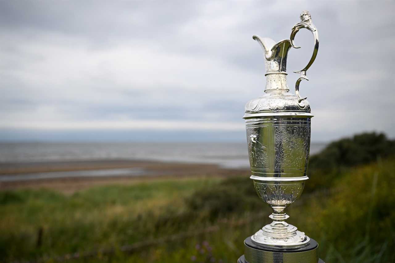 TROON, SCOTLAND - JULY 18: A view of the Claret Jug on the first tee on day one of The 152nd Open championship at Royal Troon on July 18, 2024 in Troon, Scotland. (Photo by Stuart Franklin/R&A/R&A via Getty Images)