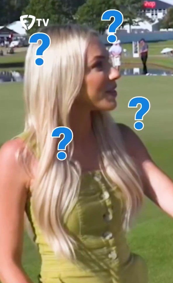 a woman stands on a golf course with question marks around her head