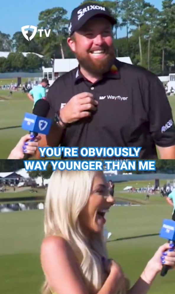 a man wearing a srixon hat is being interviewed by a woman