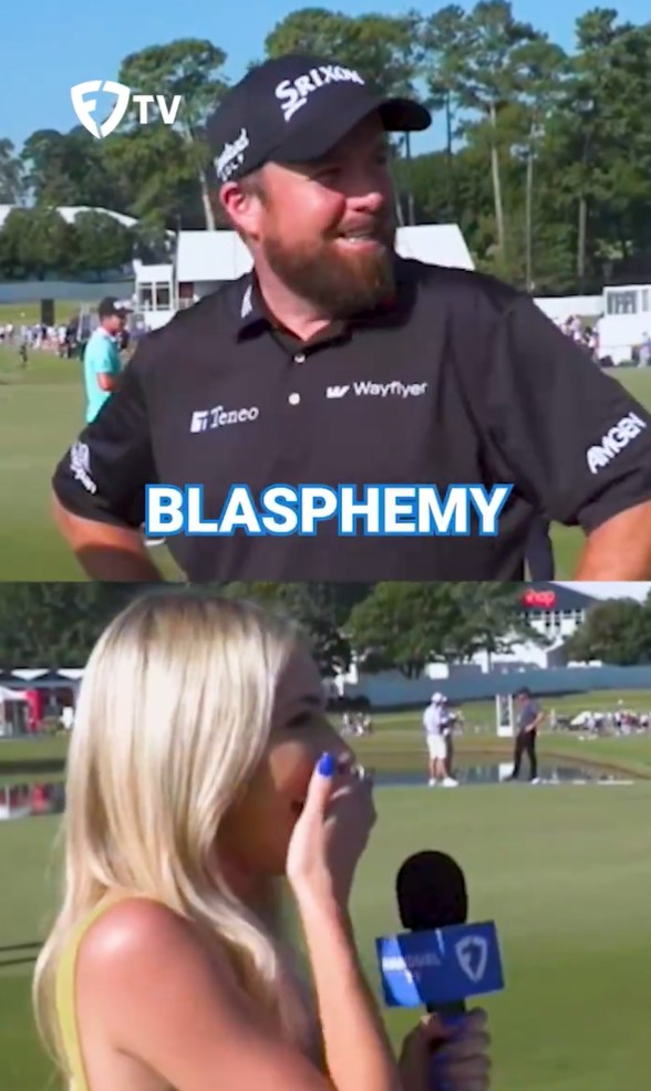 a man wearing a srixon hat is being interviewed by a woman