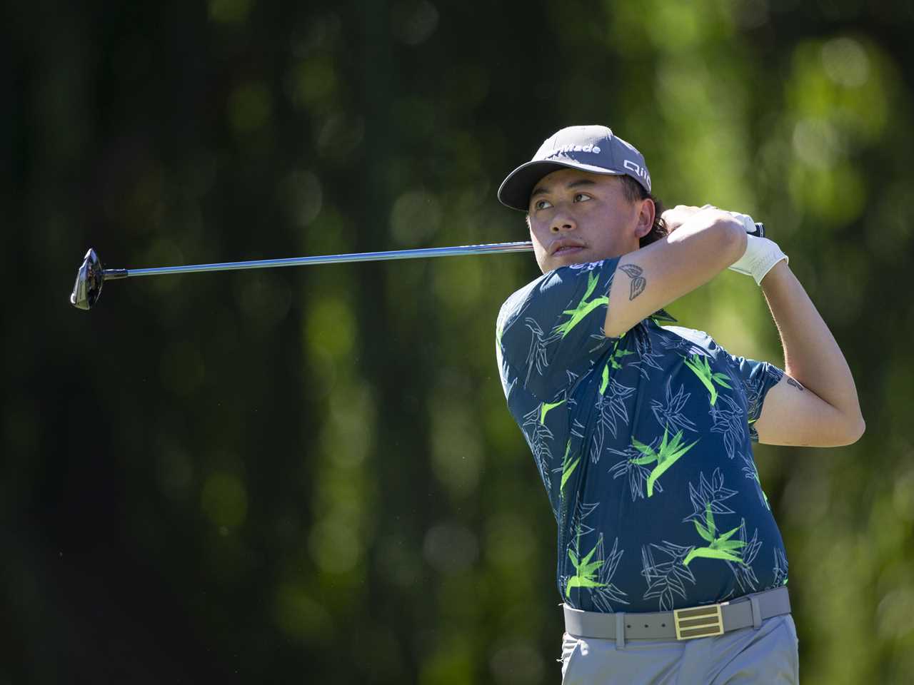 a man wearing a taylormade hat is swinging a golf club