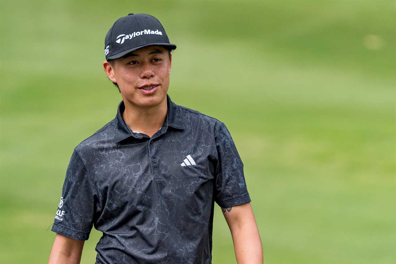 a man wearing a taylormade hat stands on a golf course