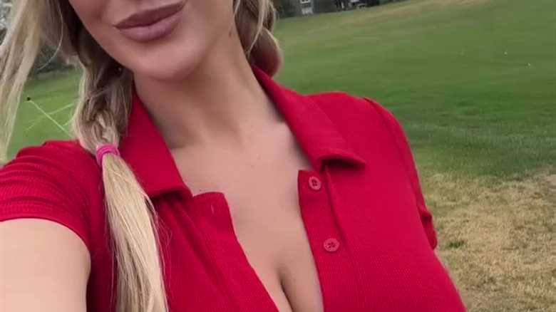 Paige Spiranac goes braless and risks wardrobe malfunction as she shows off golf swing in tight red playsuit