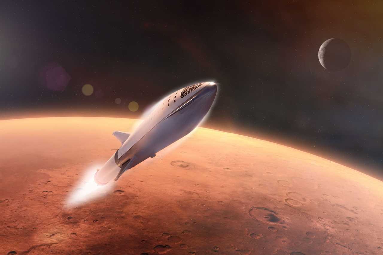 an artist 's impression of a rocket flying over mars