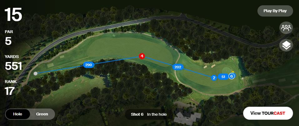 Golf hole 15, 551 yards, par 5, shot 6 in the hole.