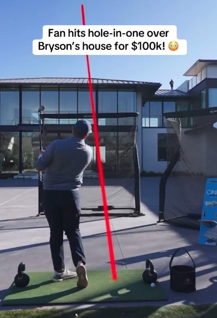 Golfer makes a hole-in-one shot over a house.