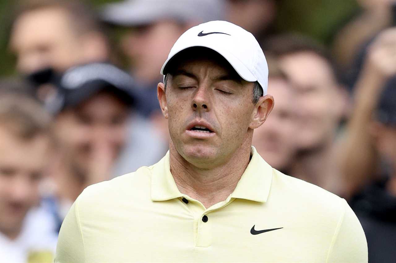 VIRGINIA WATER, ENGLAND - SEPTEMBER 22: Rory McIlroy of Northern Ireland reacts on the 11th green during day four of the BMW PGA Championship 2024 at Wentworth Club on September 22, 2024 in Virginia Water, England. (Photo by Warren Little/Getty Images)