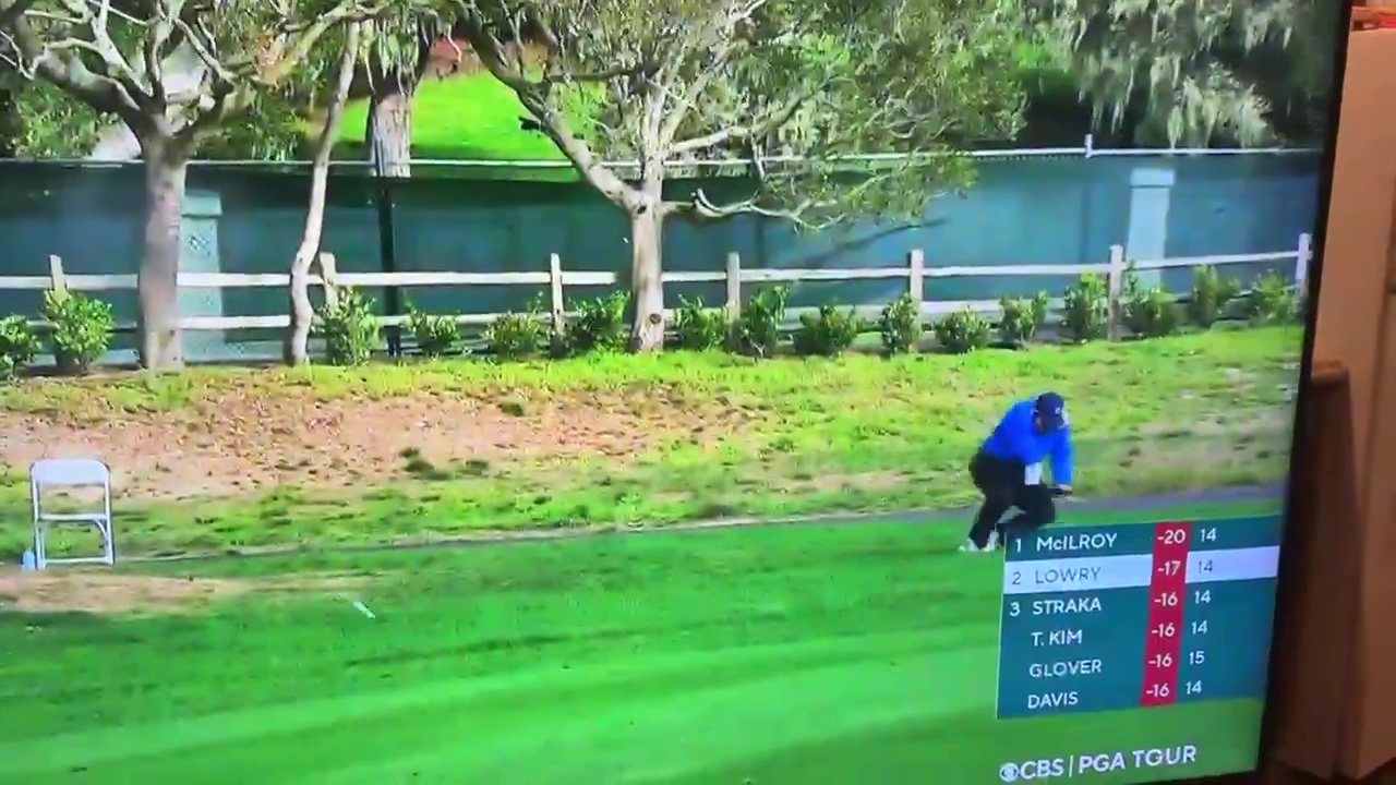 A golfer falling to the ground after being hit by a golf ball.