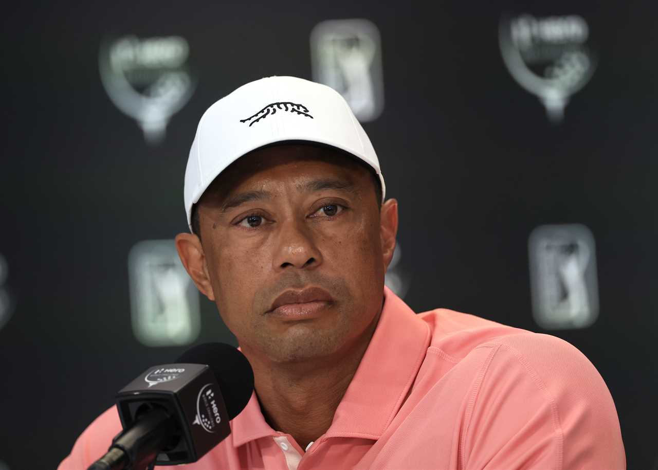 Tiger Woods at a press conference.