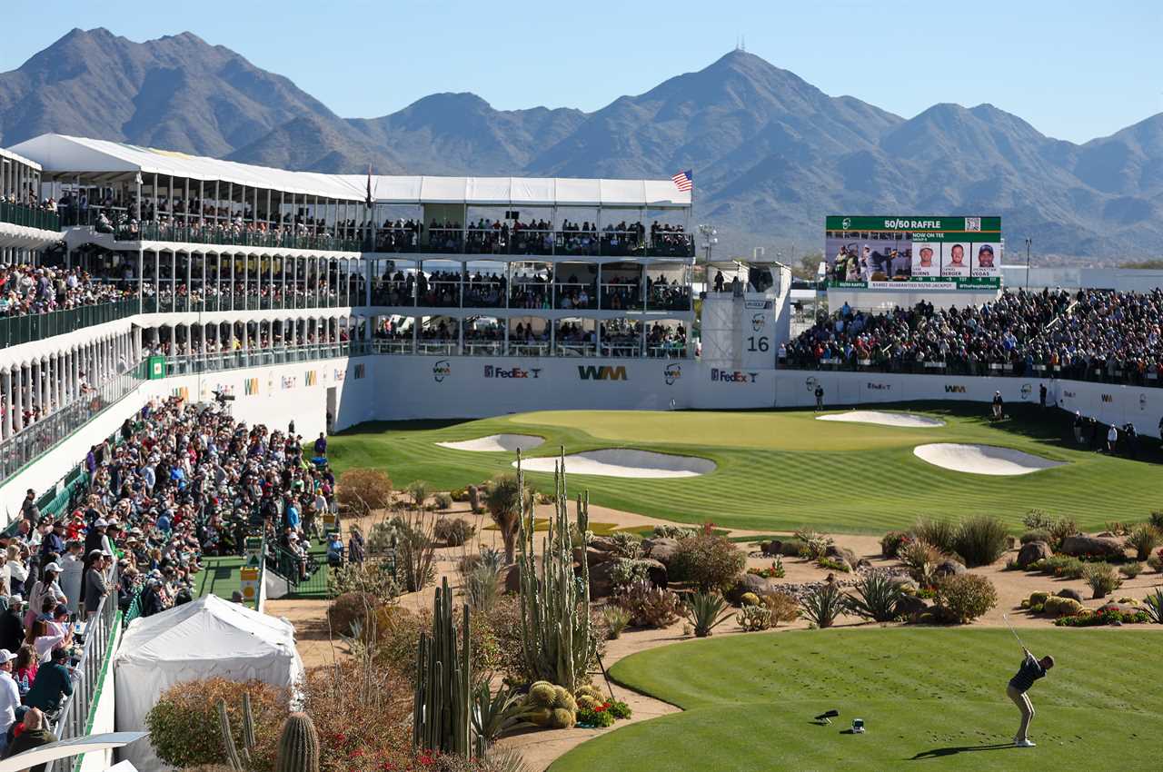 SCOTTSDALE, ARIZONA - FEBRUARY 11: A general view is seen as Daniel Berger of the United States plays his shot from the 16th tee during the continuation of the third round of the WM Phoenix Open at TPC Scottsdale on February 11, 2024 in Scottsdale, Arizona. (Photo by Christian Petersen/Getty Images)