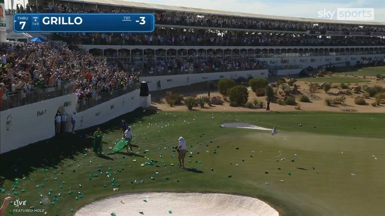 Golf fans throwing beer cans onto the green after a hole-in-one.