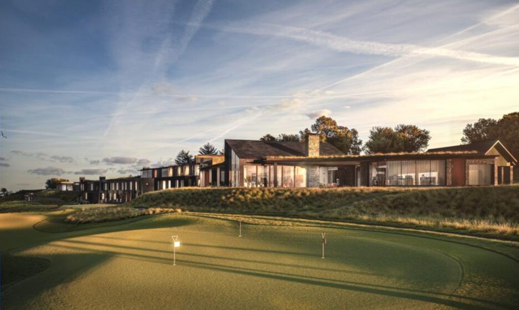 Golf course clubhouse and putting green.