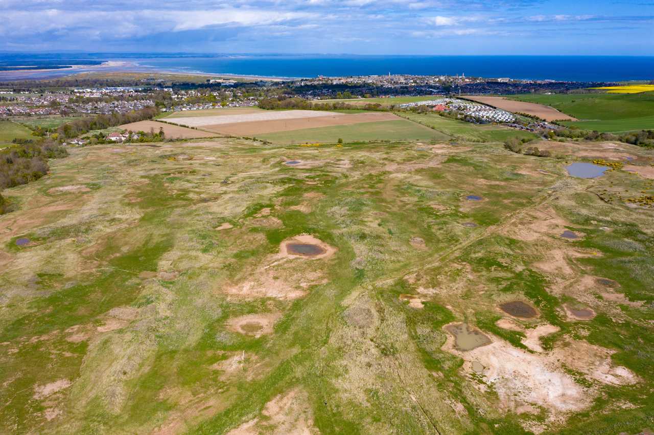 Aerial view of a 240-acre site with a partially built golf course.