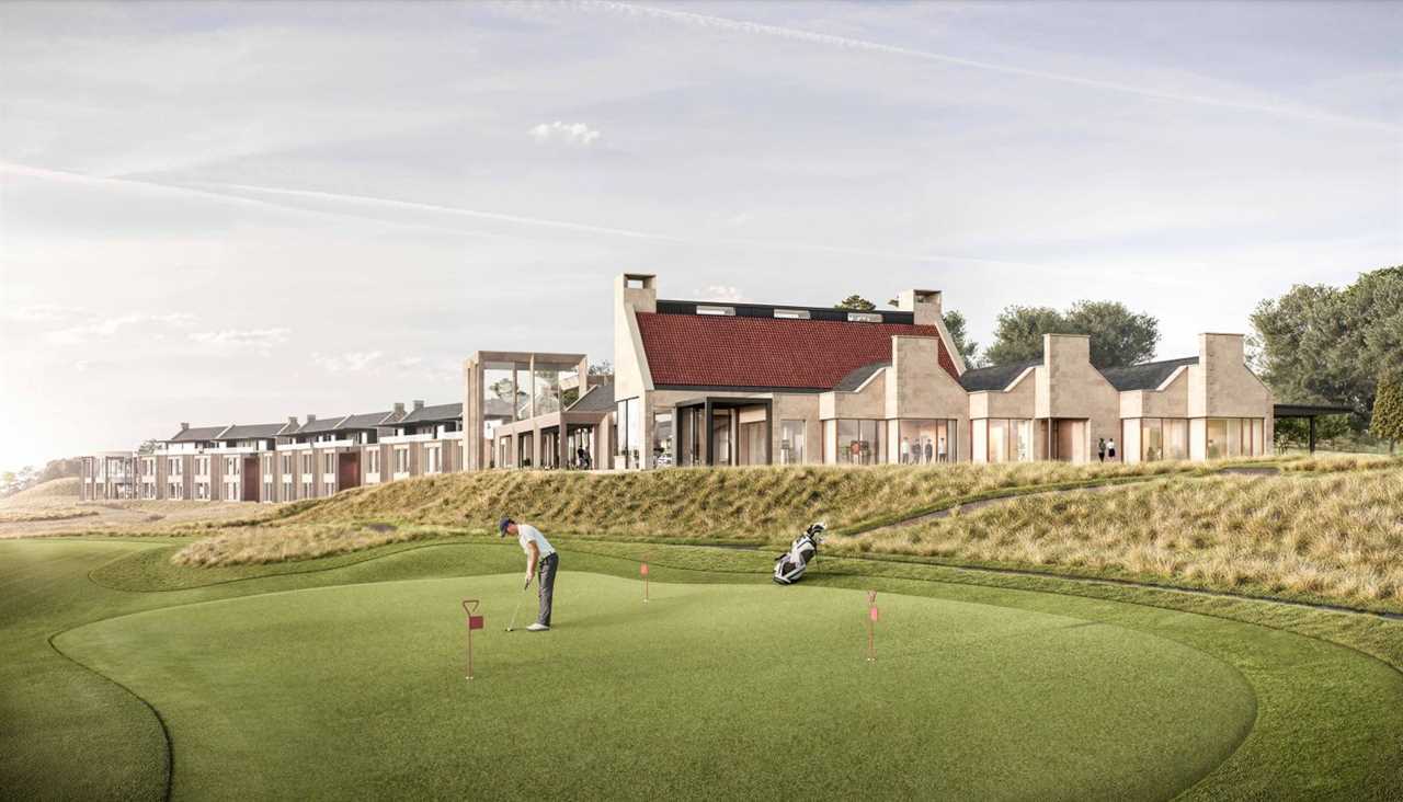 Illustration of a golf course with a clubhouse and residential buildings.