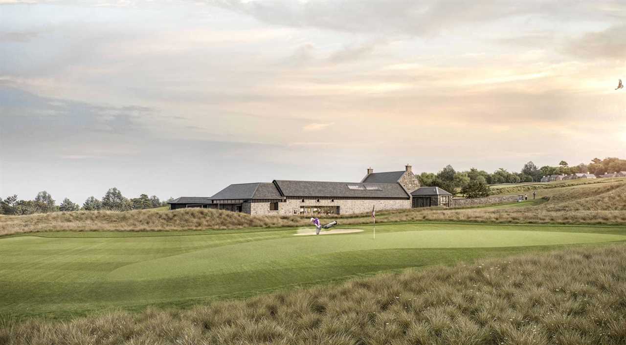 Golfer on a green putting toward a stone clubhouse.