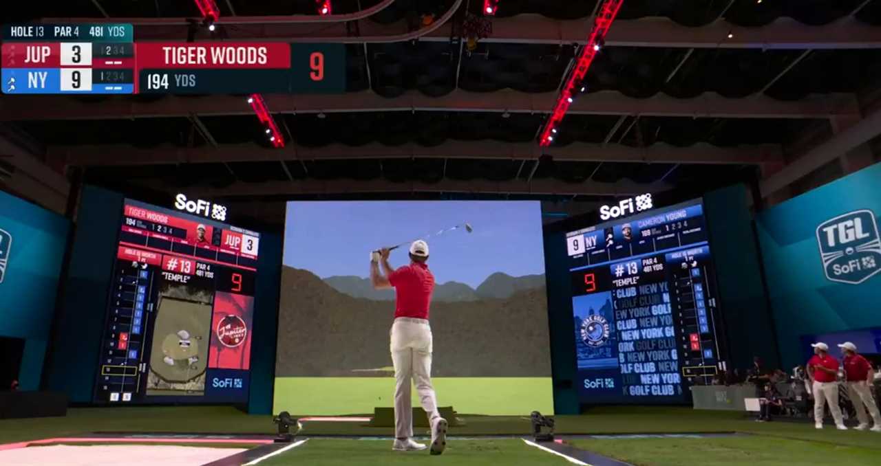 Tiger Woods playing golf on a simulator.