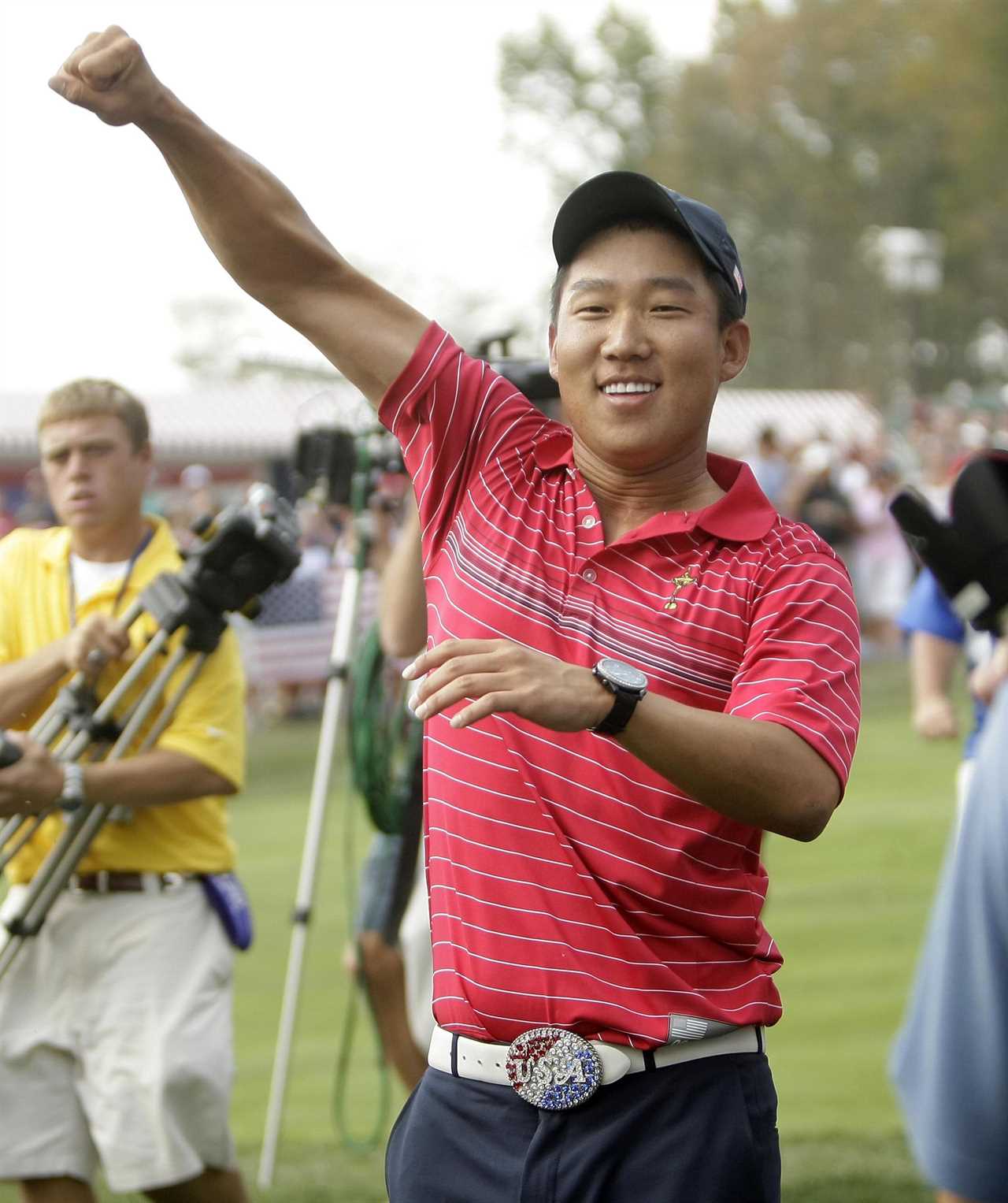 Anthony Kim celebrates a Ryder Cup win.