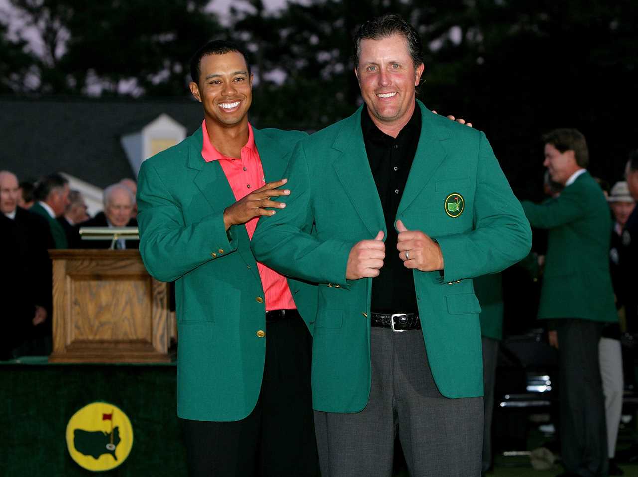 Tiger Woods and Phil Mickelson in green jackets after The Masters.