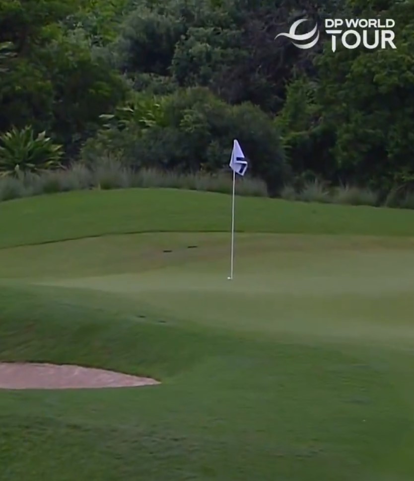 Golf course putting green with flag.