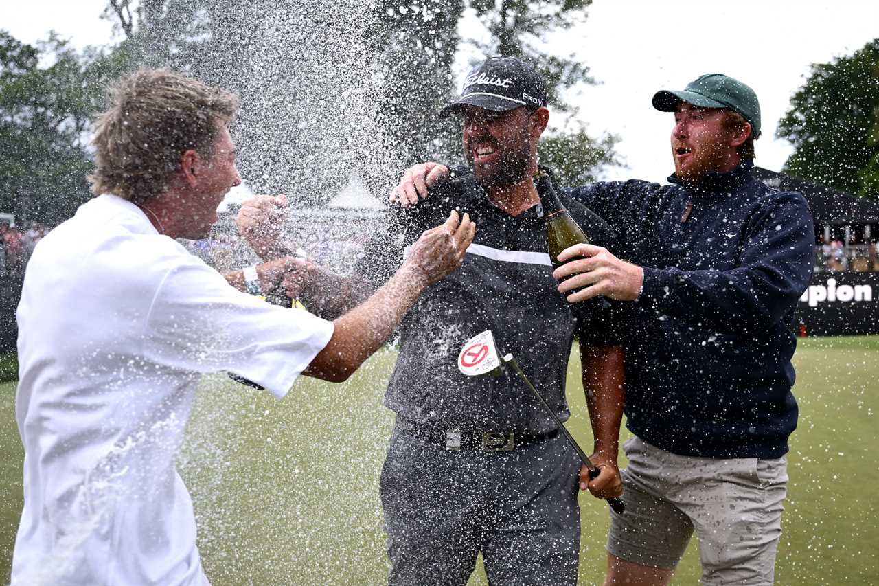 Ryan Peake celebrates winning a golf tournament with friends.