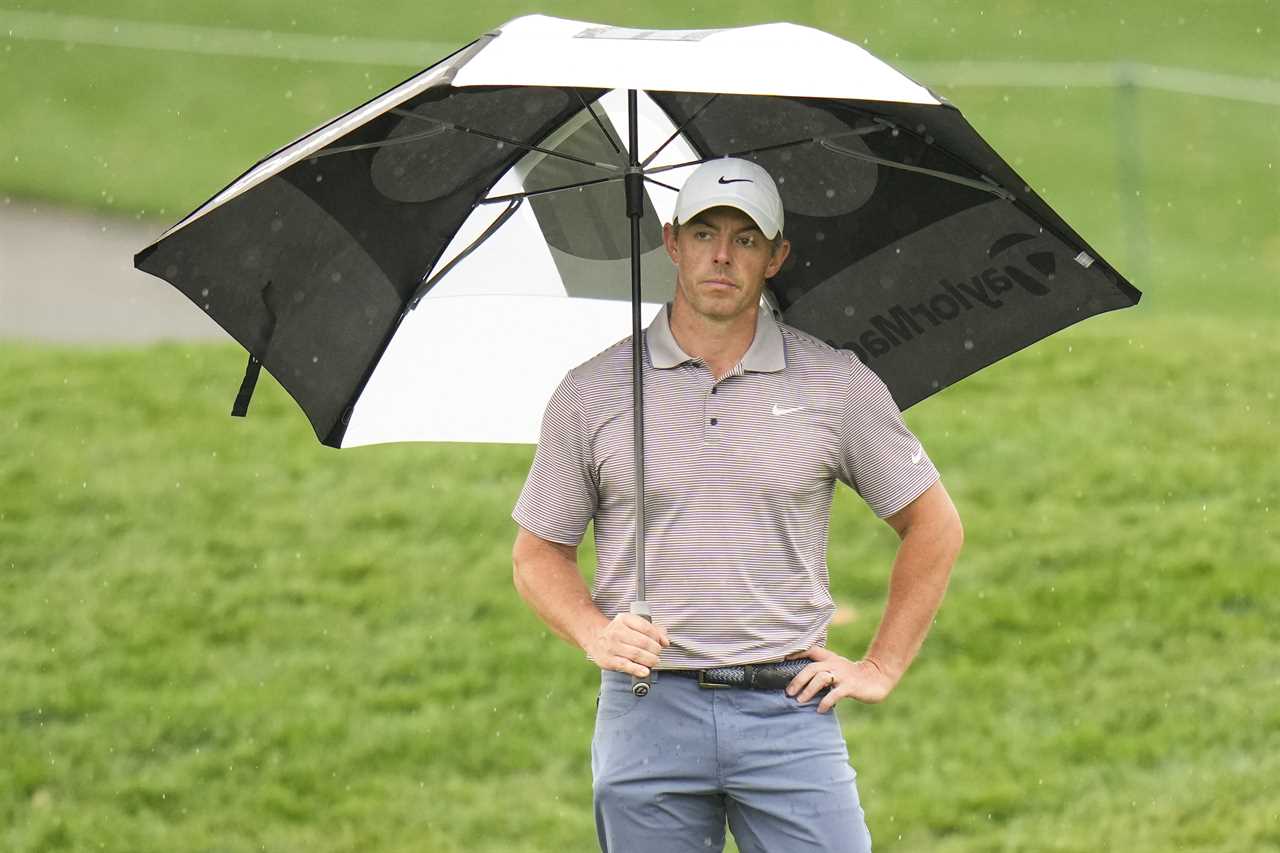 Rory McIlroy holding an umbrella on a golf course in the rain.