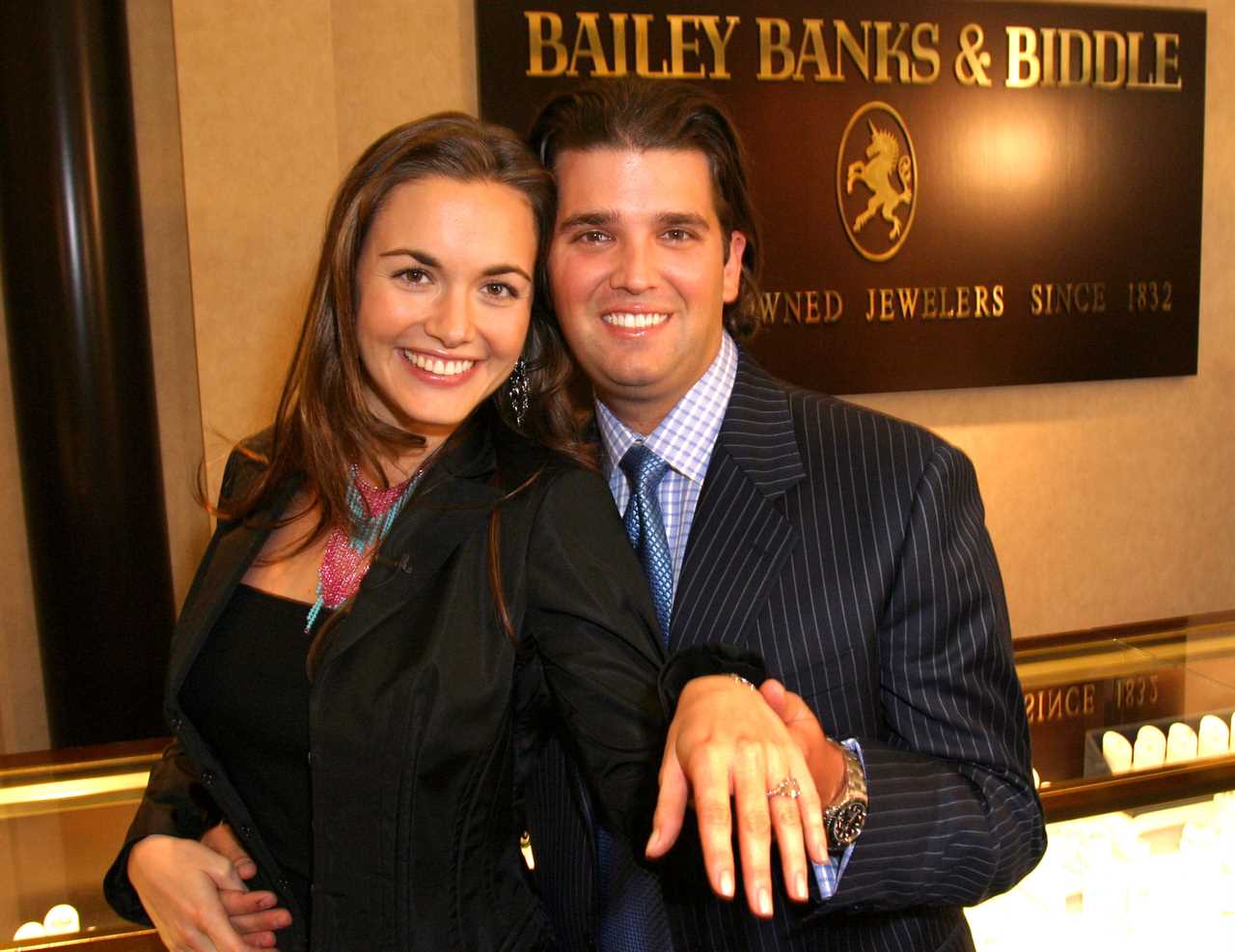 Vanessa Haydon and Donald Trump Jr. showing off her engagement ring at Bailey Banks & Biddle.