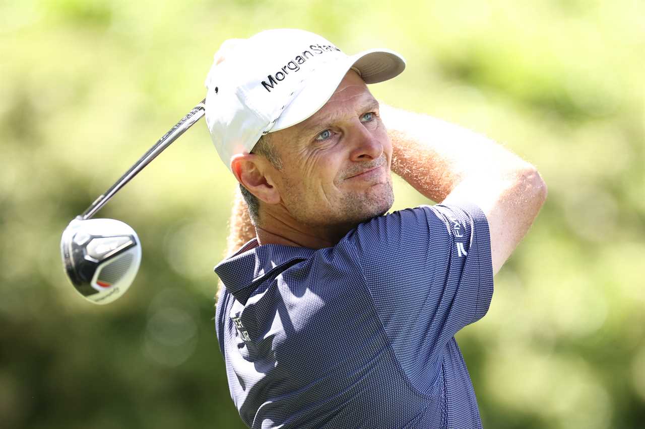 Justin Rose of England playing a golf shot.