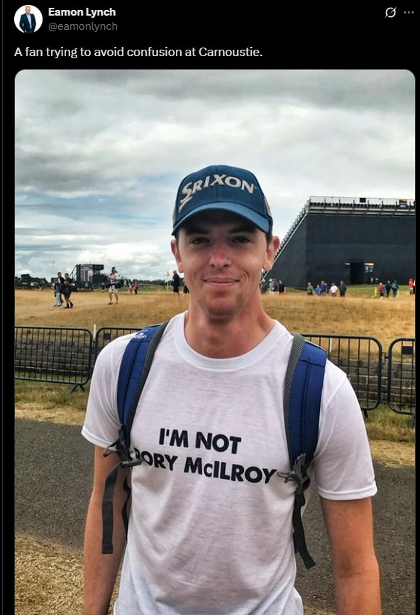 Man wearing a shirt that says "I'M NOT Rory McIlroy" at a golf tournament.