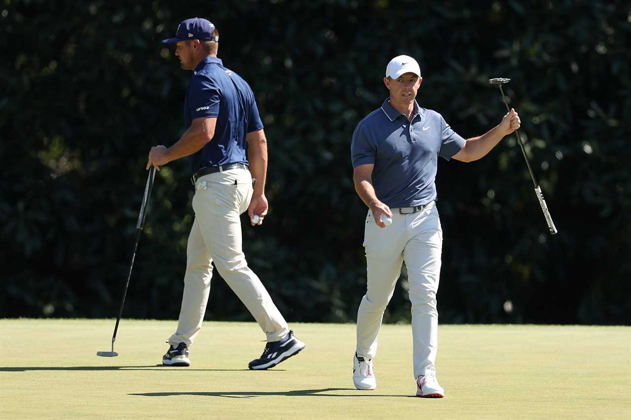 Bryson DeChambeau and Rory McIlroy on a golf course.