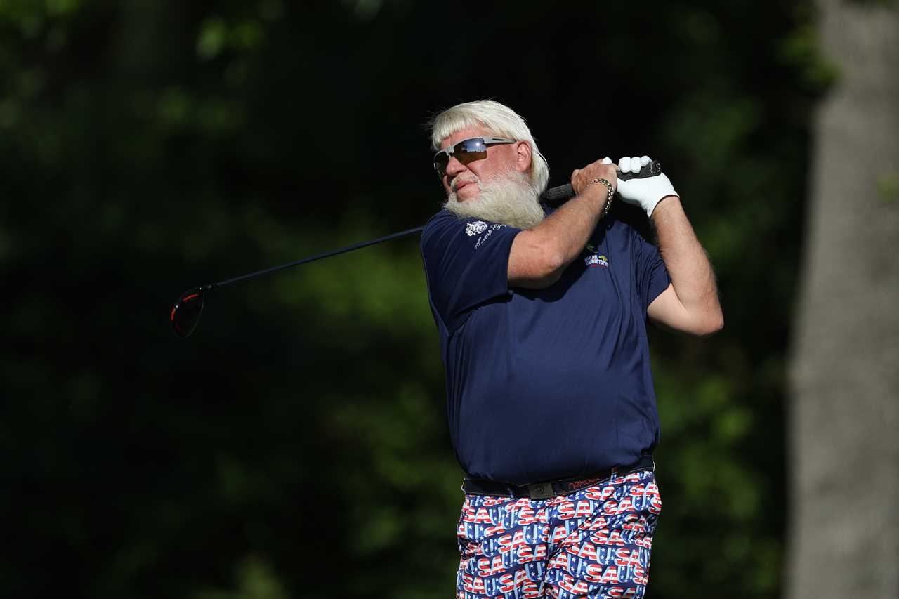 THE WOODLANDS, TEXAS - MAY 03: John Daly of the United States plays his shot from the 18th tee during the continuation of round one on day two of the Insperity Invitational 2025 at The Woodlands Golf Club on May 03, 2025 in The Woodlands, Texas. (Photo by Raj Mehta/Getty Images)
