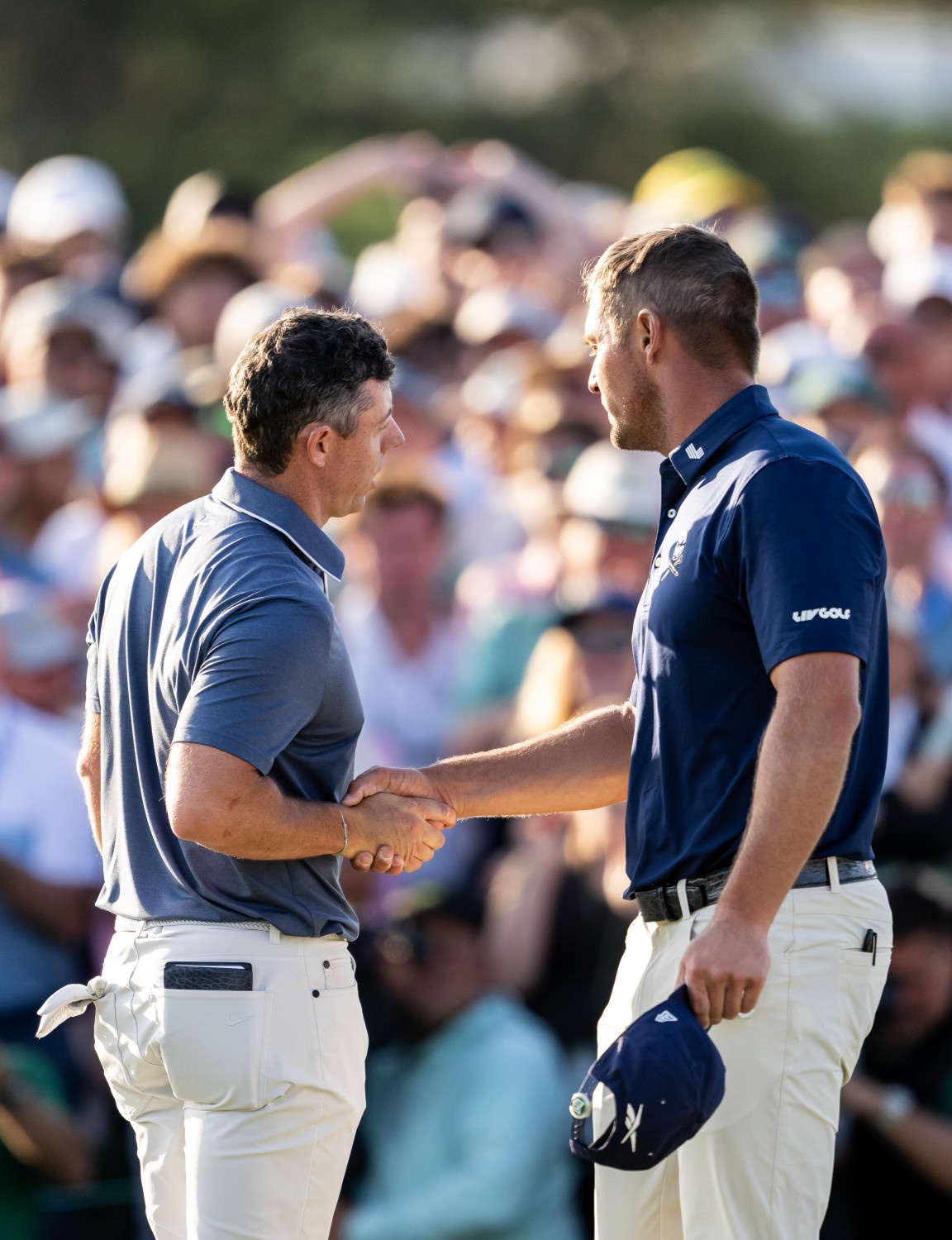 Mandatory Credit: Photo by PETTER ARVIDSON/BILDBYRAN/REX/Shutterstock (15251128hl) Rory McIlroy of Northern Ireland shakes hands with Bryson DeChambeau of the United States on the 18th green during the final round of the 2025 Masters Golf Tournament on April 13, 2025 in Augusta. Golf, The Masters, Final Round, Augusta, United States - 13 Apr 2025