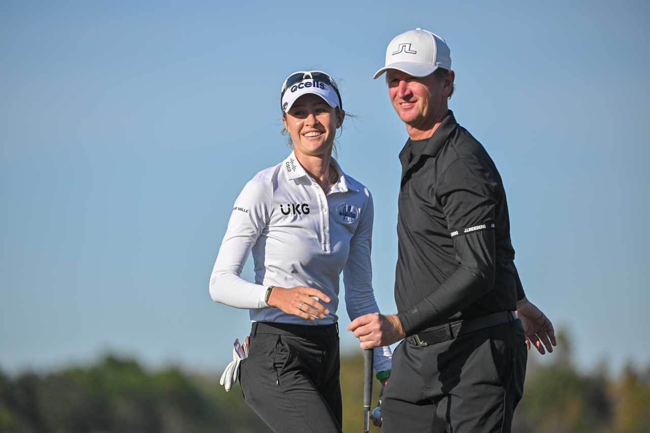 Nelly Korda hugging her father, Petr Korda, at a golf tournament.