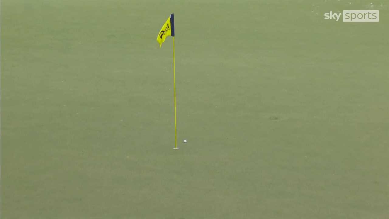 Golf ball in hole on green.