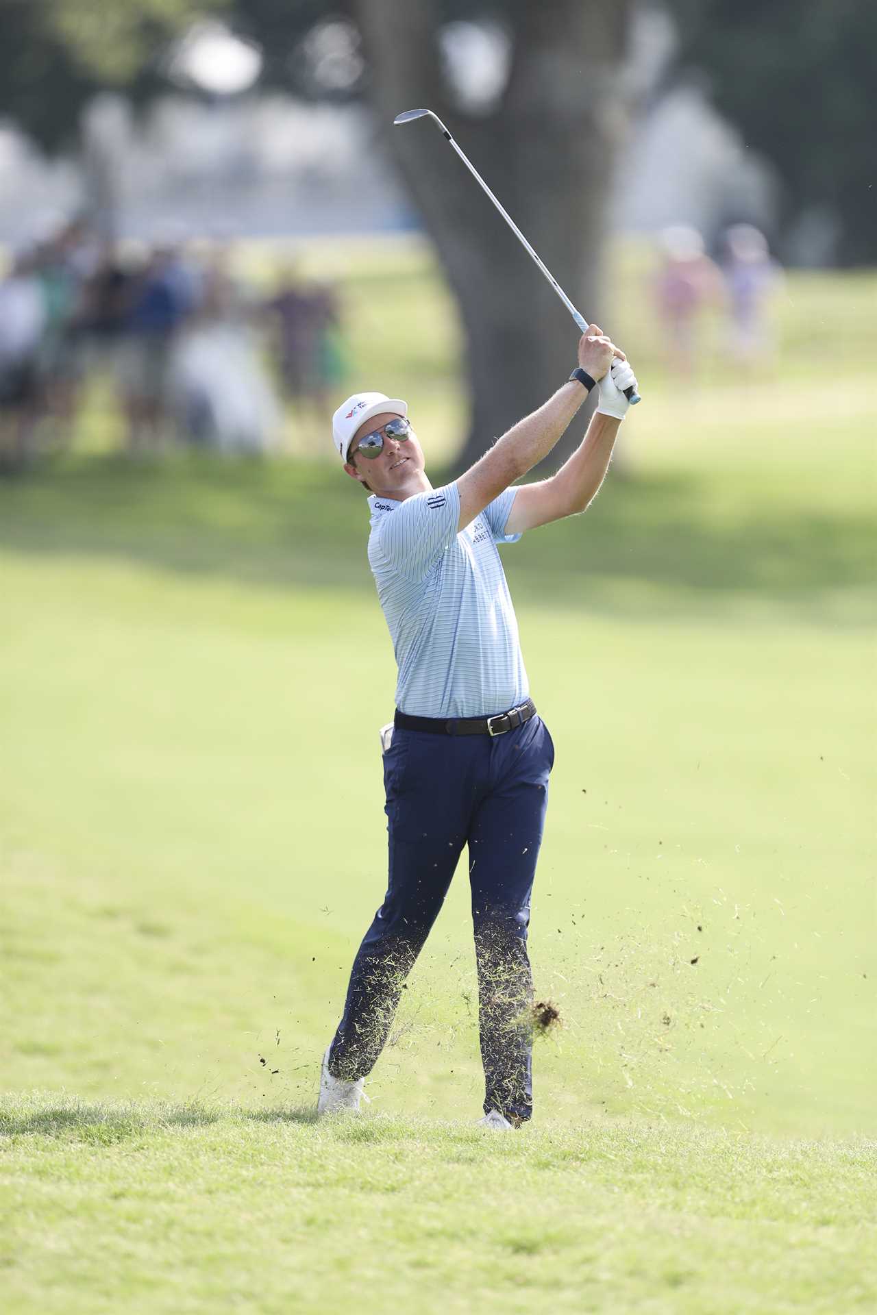 FORT WORTH, TEXAS - MAY 25: Ben Griffin of the United States hits from the 18th fairway during the final round of the Charles Schwab Challenge 2025 at Colonial Country Club on May 25, 2025 in Fort Worth, Texas. (Photo by Raj Mehta/Getty Images)