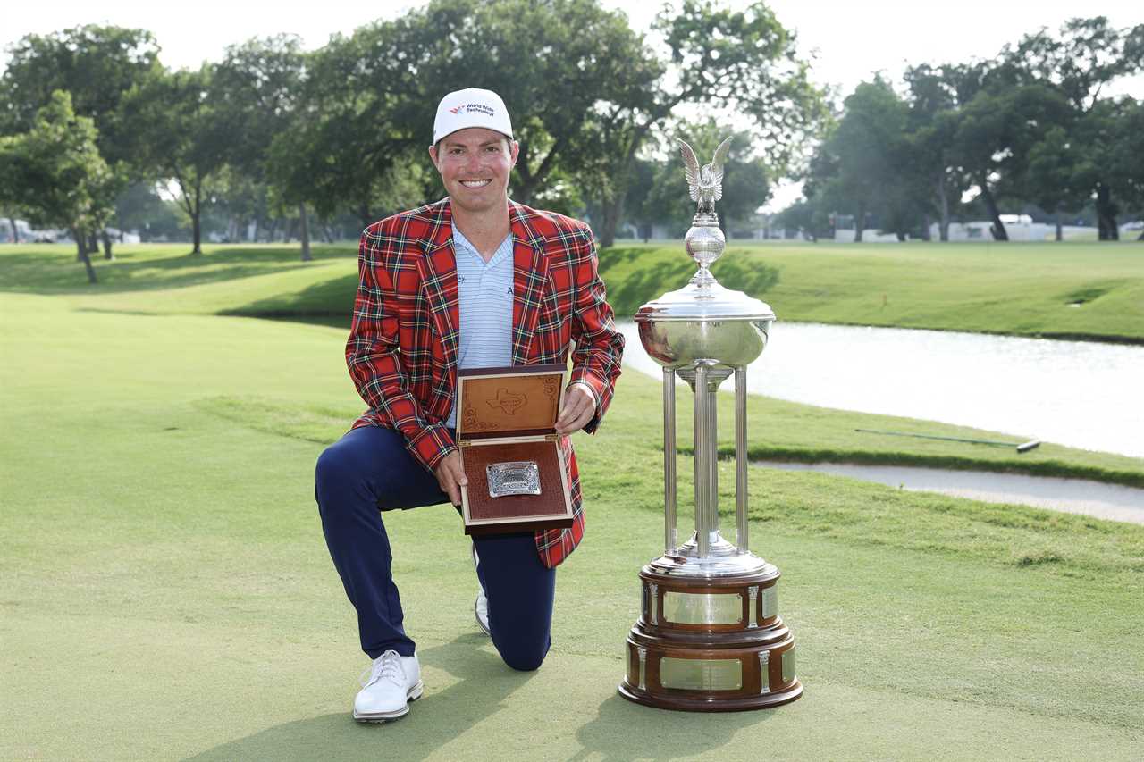 FORT WORTH, TEXAS - MAY 25: Ben Griffin of the United States poses for a photo with the Leonard Trophy and the M.L. Leddy’s trophy belt buckle after winning the Charles Schwab Challenge 2025 at Colonial Country Club on May 25, 2025 in Fort Worth, Texas. (Photo by Sam Hodde/Getty Images)