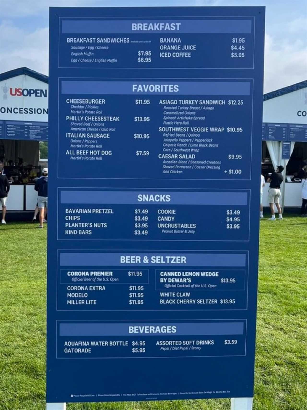 US Open food and beverage price list.