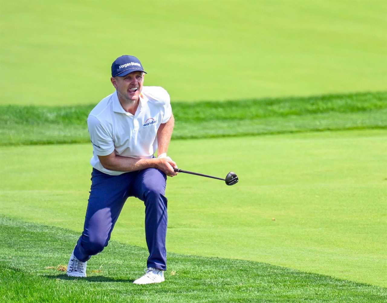 Justin Rose reacting to his approach shot during a practice round for the U.S. Open.