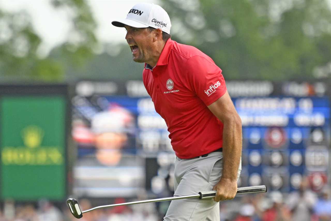 Keegan Bradley reacting after a birdie putt.