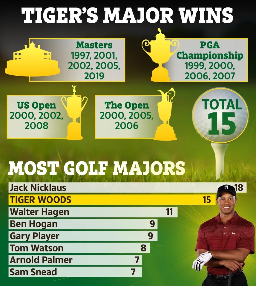 Illustration of Tiger Woods' major golf wins and a comparison to other golfers' wins.